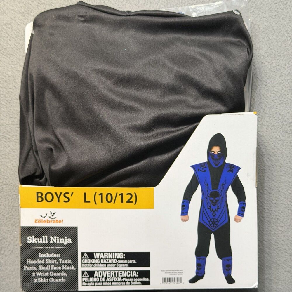 Way to Celebrate Skull Ninja Costume Boys L 10/12 Black Blue Halloween Outfit